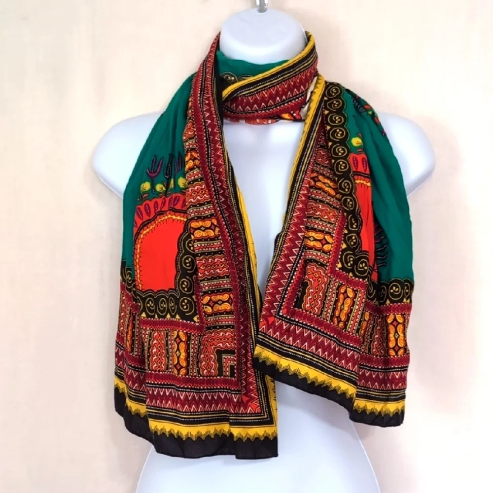 Green Red Abstract Print Opaque Rectangle Scarf - Picture 1 of 3